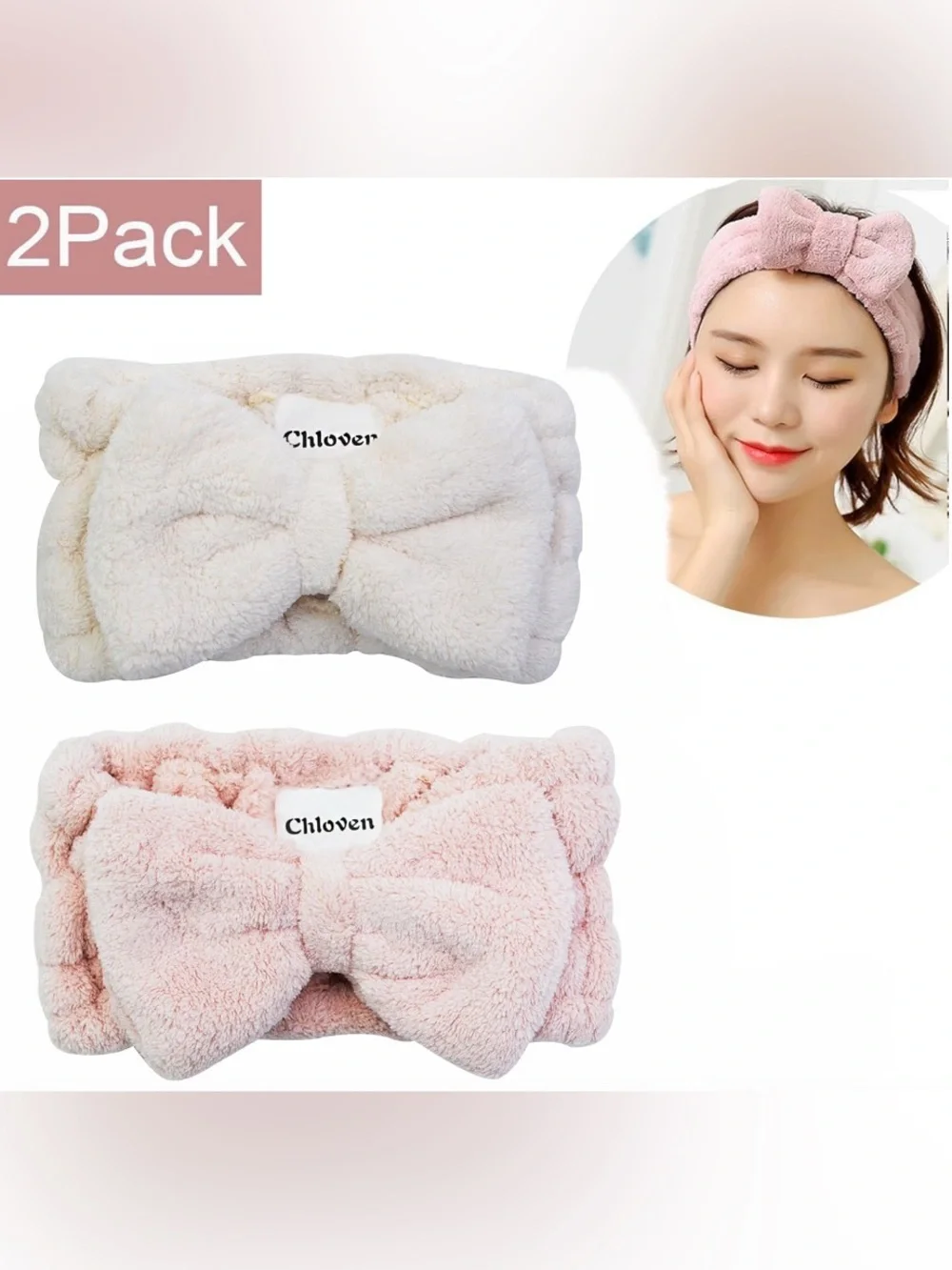 Plush Bow Spa Headband in Pink and Cream (Set of 2)